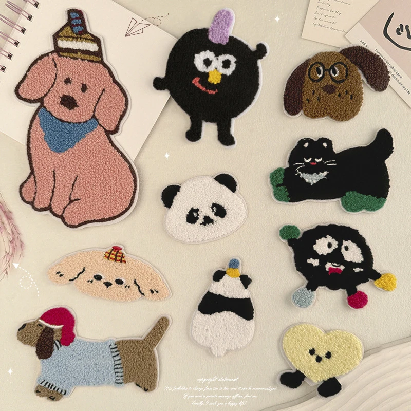 

Towel Embroidery Cloth Patches Cartoon Puppy Cat Ironing Patch Clothing Decorative DIY Applique Hole Patch