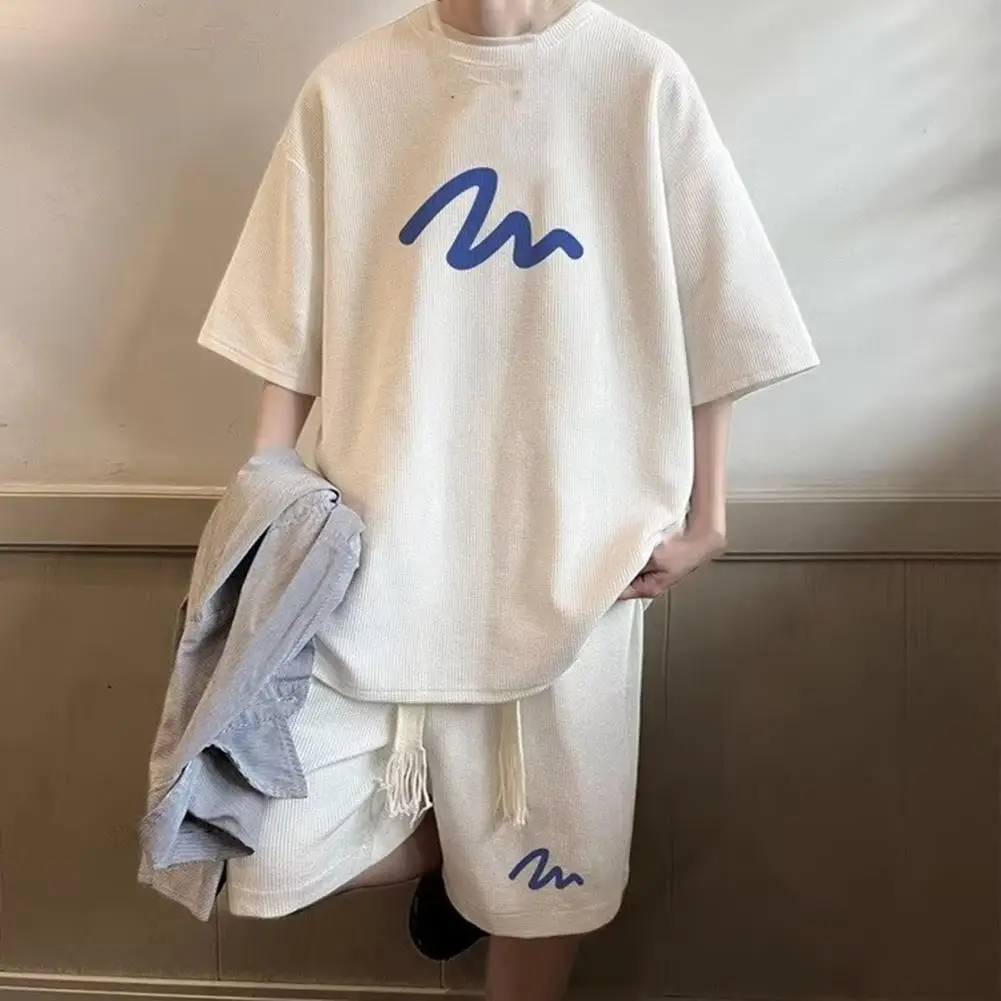 Oversized Tracksuit Waffle Handsome Two-piece Set Summer Men Suit Tops Wide Leg Shorts Short-sleeved Shirt+Letter Shorts Suit