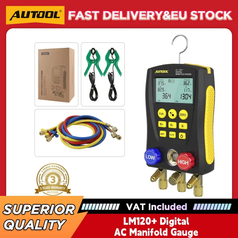 AUTOOL LM120+ Digital AC Manifold Gauge, Intelligent Refrigerant Leak Detector Dual Pressure & Temperature HVAC Service Tool for Automotive AC Systems