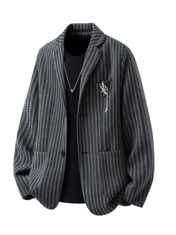 

Deep ey plus Size Men's Casual Suit Jaet Trendy Design Lapel Pin Loose Fit Leisure Top Autumn Season Long Sve Striped