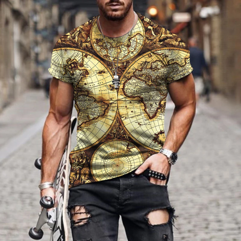 Men\'s Short Sleeve Round Neck T Shirt Fashion Vintage Summer Casual Loose Navigation Map Print T-Shirts Loose Plus Size XXL-6XL