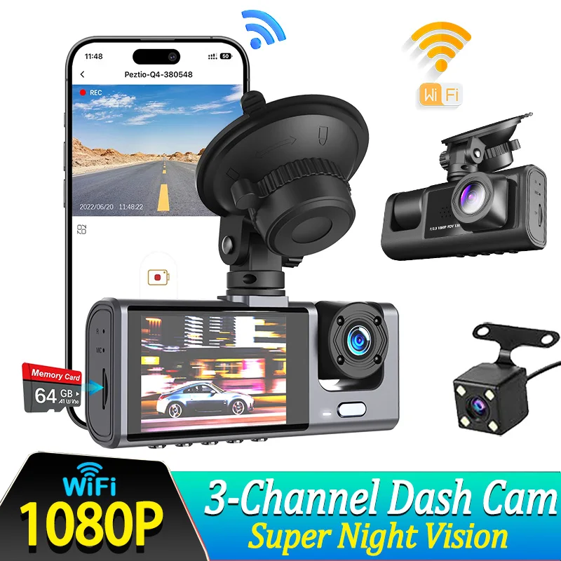 Caméra de tableau de bord pour voiture, application WIFI, 3 canaux, DVR 1080P, double objectif, caméra d'enregistrement, caméra de recul en option, accessoire de voiture dashcam voiture，caméra de