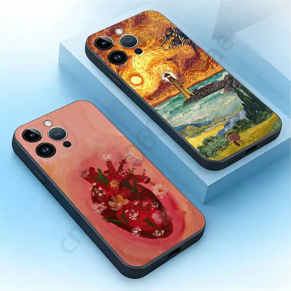 Capa de Celular Estilo Pintura a Óleo para iPhone 17, 16, 15, 14, 13, 12, 11, Pro, Max, Plus, Mini, Antichoque, Preta Fosca, Bumper Macio