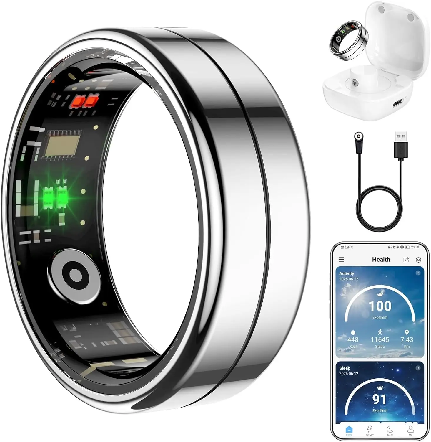 

Smart Ring for Men Women Health Tra Tracker Heart Rate Blood Oxygen Sleep Monitor Step Counter No Subscription Fee Silver 11