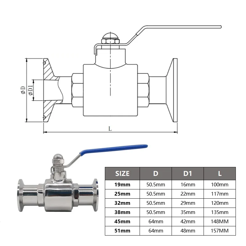 Elettrovalvola 304/316L Stainless Steel Sanitary Through Fast Ball Valve OD19-51mm Three Clip Collar 25.4/50.5/64mm Homemade Diary Prod Acqua e vapore — dettaglio 1