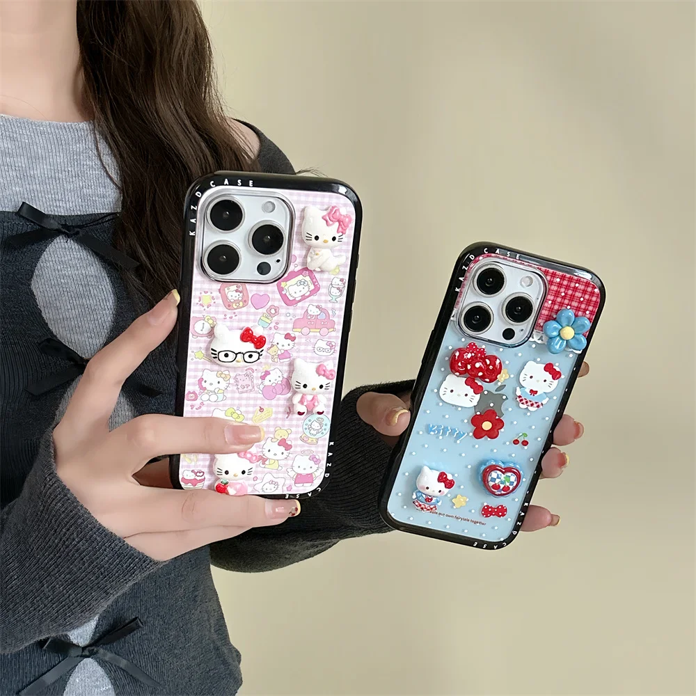 

New 3D cartoon Hellokitty plaid phone case for iPhone 16 14 15 Pro Max Fundas cute polka dot shock protection cover For 16 pro
