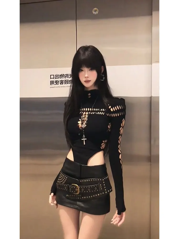 

Street Style Black Hollow out Long Sleeve Bodysuit Women's Spring Autumn Sexy Waist Cinched Shoulder High Waist Bottom Shirt