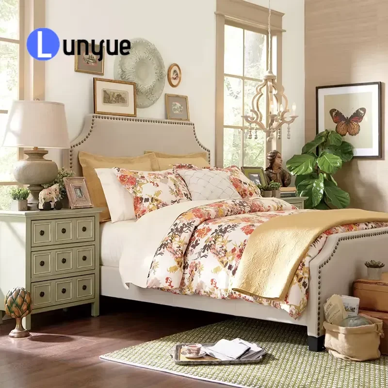 Beige Modern Soft Upholstered Bed Frame Queen King Size Tall Headboard with Spike Trim Comfortable Bedroom Furniture