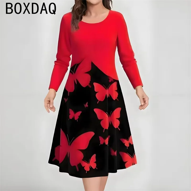2025 herbst Neue frauen Kleid Lange Ärmeln Rundhals Casual A-line Lose Kleid 3D Vintage Blumen Kleid Vestidos De mujer