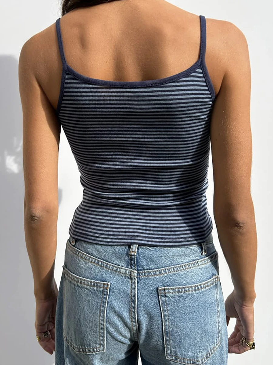 Women Striped Camisole Summer Slim Fit Scoop Neck Spaghetti Strap Backless Crop Tops Chic Ladies Mini Vest for Club Streetwear