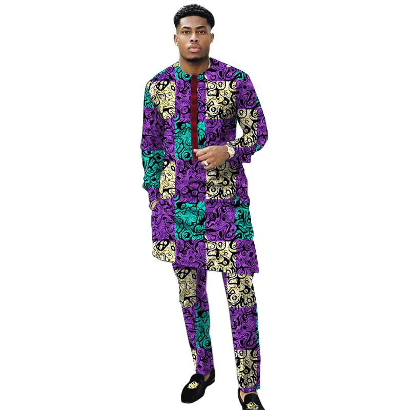 Nigerian Print Men Clothes Set Dashiki Shirts With Trousers Male Pant Suits Traditional Style African Pattern Wedding Wear