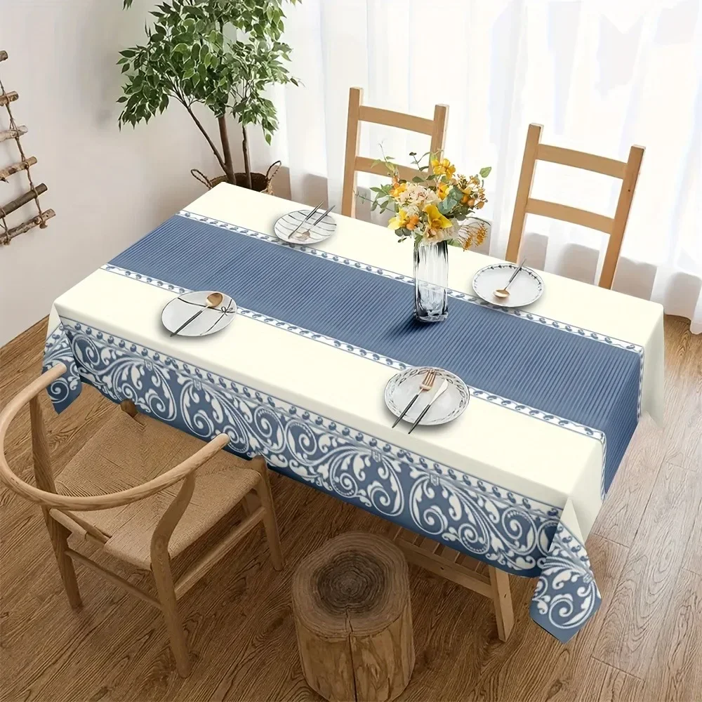 One blue and white striped tablecloth with a Greek key pattern. Navy blue and white horizontal stripes.