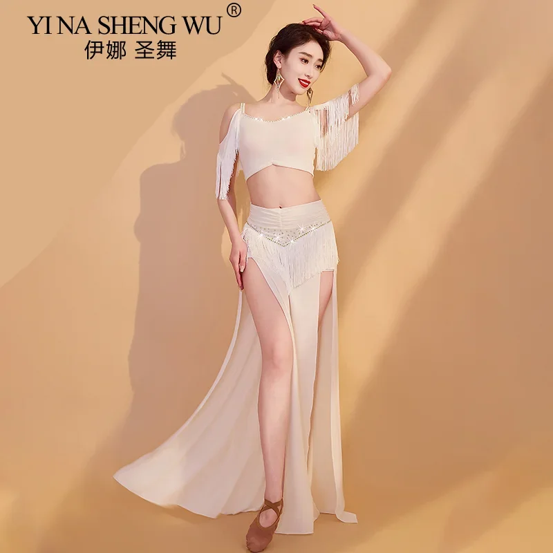 Belly Dance Costume Women Sexy Rhinestone Fringe Top And Long Skirt Set With Tassels Glitter Sleeveless Split Oriental Dance Set