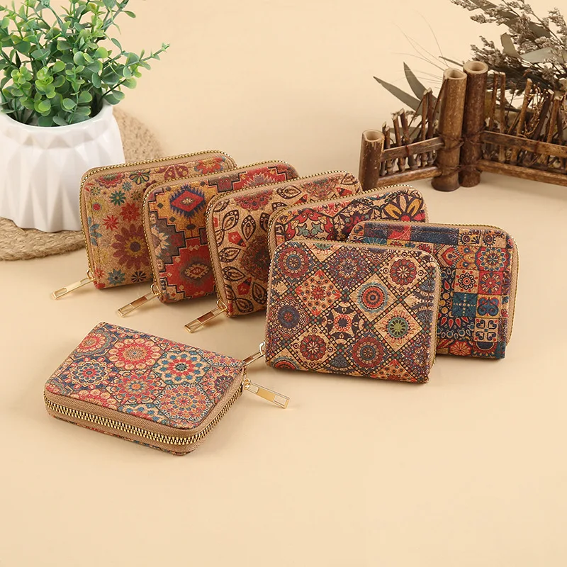 5pcs Wallets Women Cork Leather National Circle Printing Multifunctional Short Card Holder