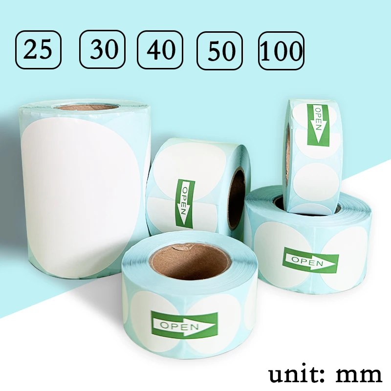 25/30/40/50/100mm White Circle Thermal Roll Sticker Round Label Self-Adhesive Sticking Writable Material Sort Label Packing Seal