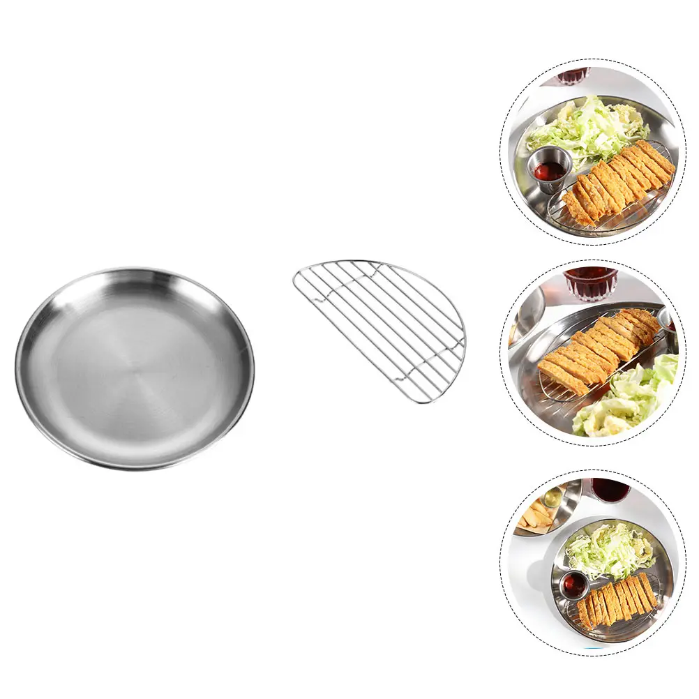 

2 шт., круглая тарелка из нержавеющей стали, стойка для слива масла, многоцелевой поднос для сервировки еды, тарелка для жарки курицы, десерта, закусок, салата
