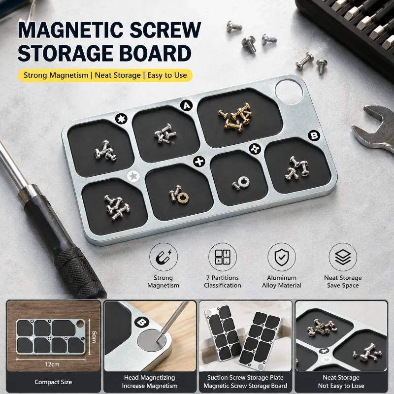 7-Grid Aluminum Magnetic Parts Organizer Anti-lost Screw Tray for Phone Repair and Small Hardware Storage