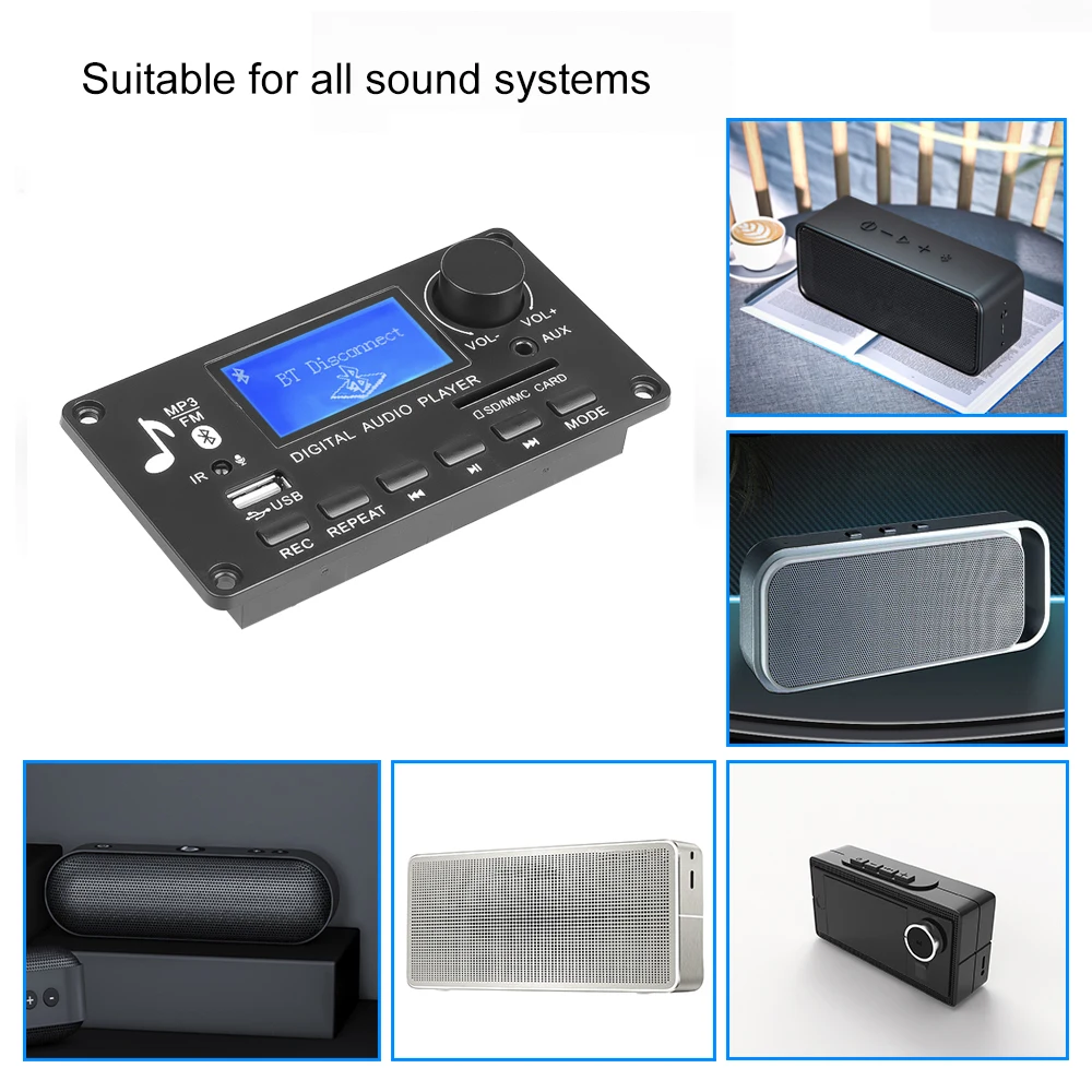 Bluetooth 5.0 MP3 Decoder Board 12V MP3 Player Audio Player with Remote Control FM Radio Module Support Call Recording TF USB