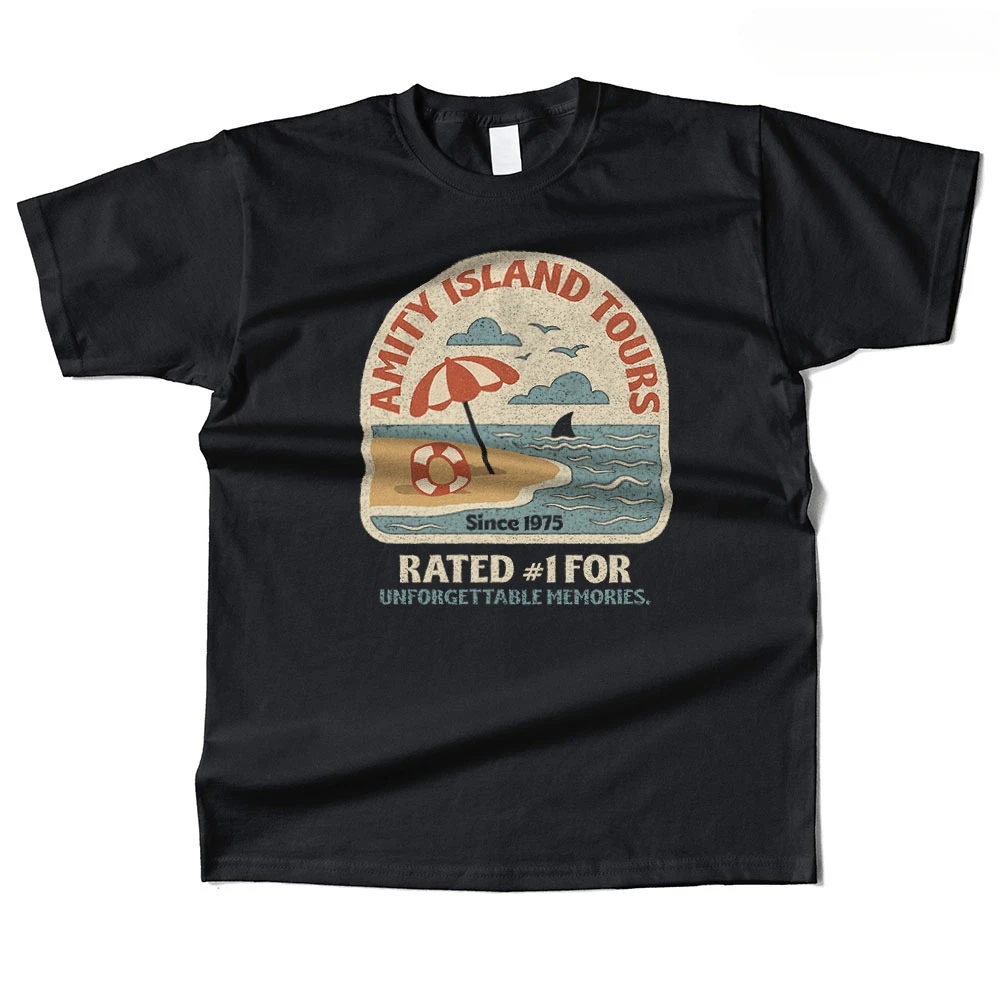 Mens Cotton Amity Island Tours Graphic High Quality T Shirt Street Casual Style Tee for Men and Women