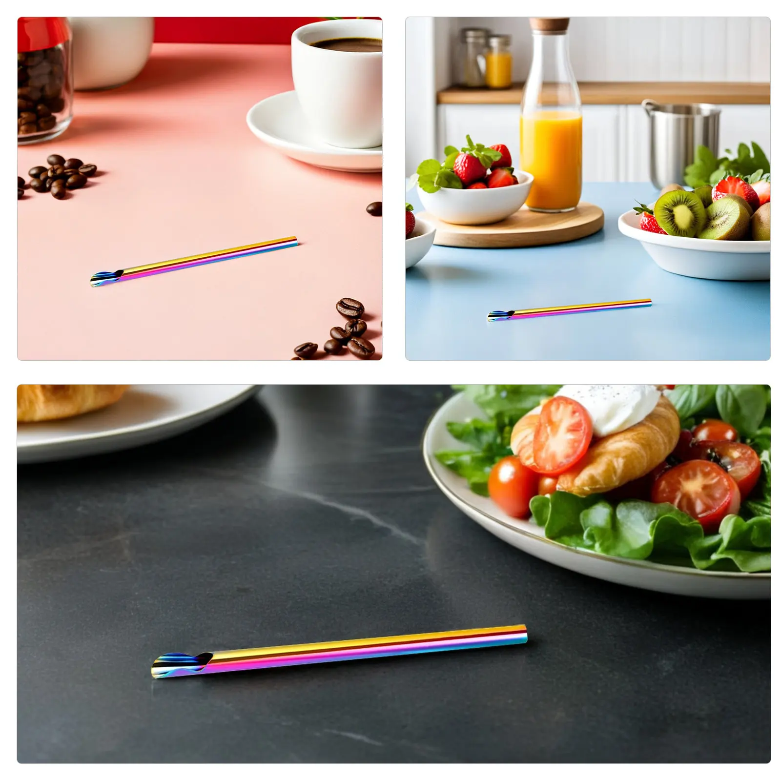 6Pcs Stainless Steel Spoon Straws Reusable Coffee Drinking Stirring Stick Smoothie Mixing Spoons Milk Tea Ice Cream Straws