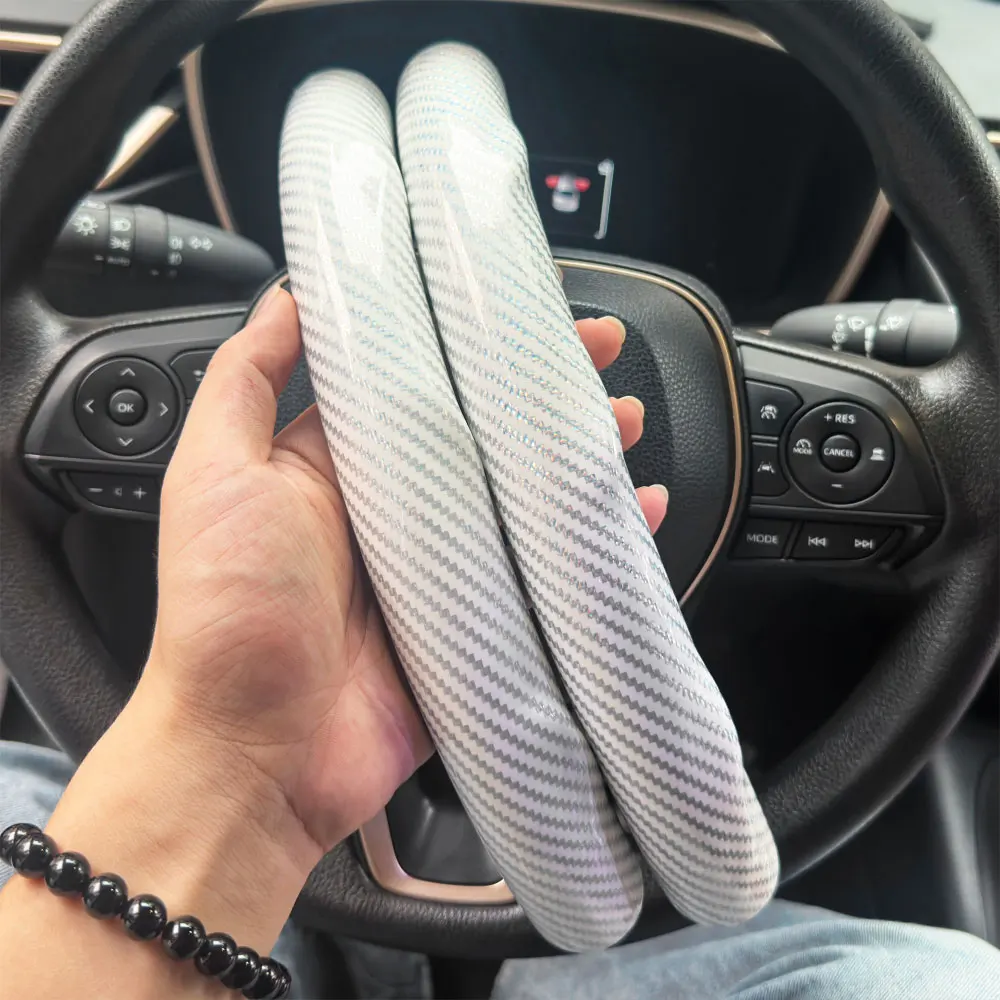 2PCS Laser Carbon Fiber Silicone Car Round Steering Wheel Cover Fiber Leather Wheel Booster Auto Cover Non-Slip Universal parts
