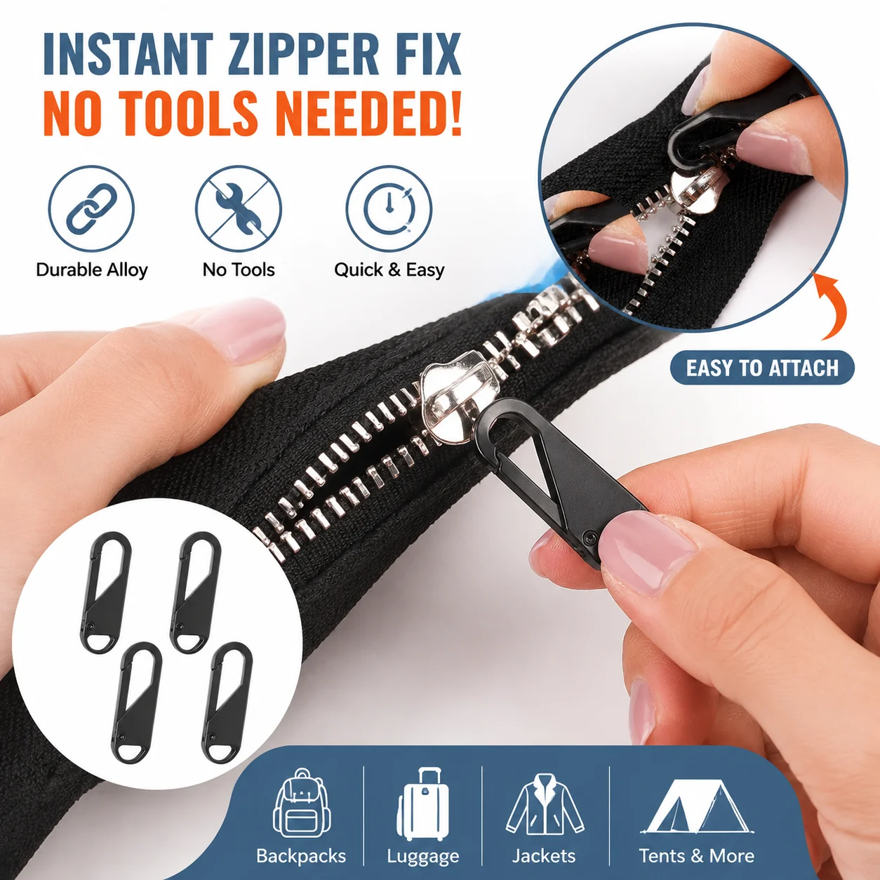 Detachable Zipper Pull Tab Replacement No‑Tool Install Metal Zipper Universal Zipper Puller for Bags Jackets Boots Backpacks