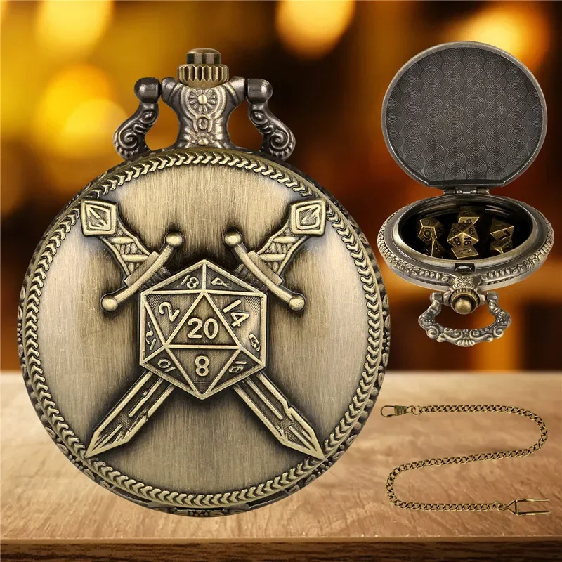 Steampunk 7 x مجموعة نرد متعدد السطوح معدنية صغيرة مع سيوف مقاتلة مزدوجة ساعة جيب حافظة فوب سلسلة لعب الأدوار النردات الألعاب