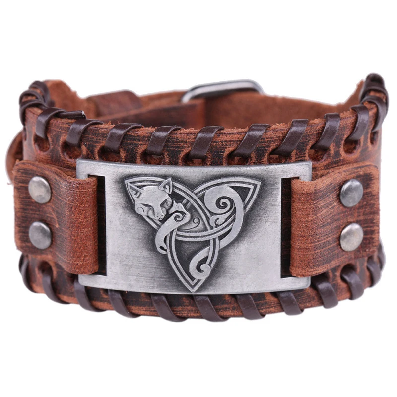 Trendy Totem Design Odin Triangle Fox Bracelet Men\'s Bracelet Fashion Leather Animal Viking Accessories Party Jewelry Wholesale