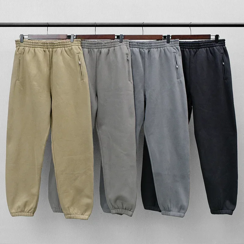 Solid Color Kanye West Thick Fleece Sweatpants Men Women 1:1 Best Quality Vintage Season 6 Trousers Joggers Zipper Pocket Pants