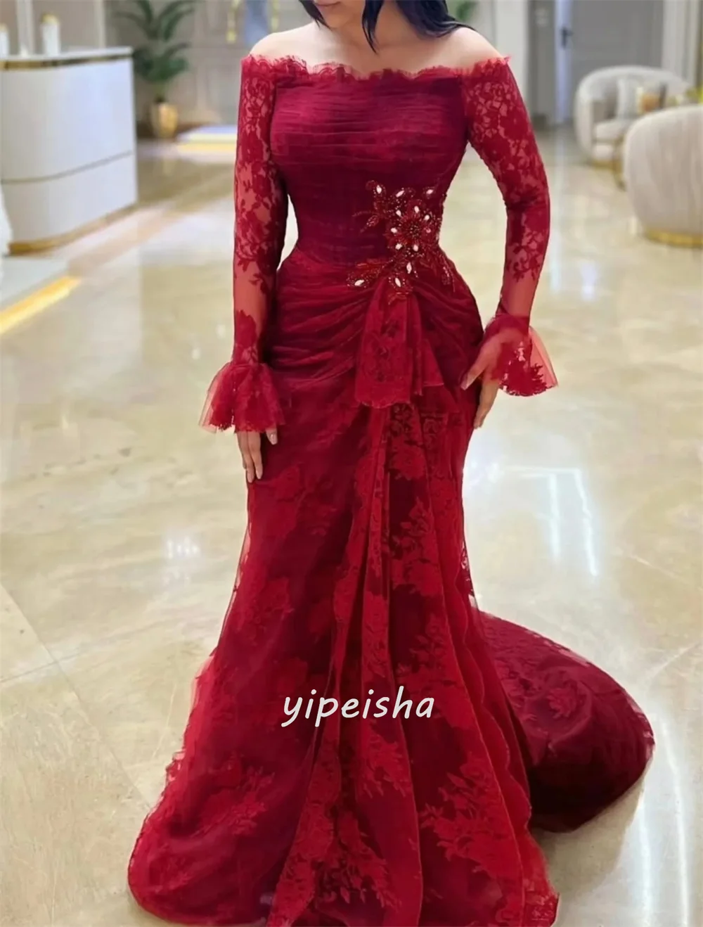 Customized High Quality Intricate Lace Handmade Flower Ruched Mermaid Off-the-shoulder Long Dresses Bespoke Occasion Dresses