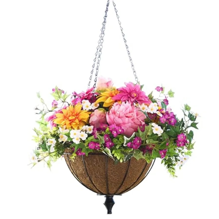 

Outdoor Radiant Peony Spring Summer Hanging Basket - 26 Premium UV-Protected Artificial Outdoor Flowers for Porch, Patio, Garde