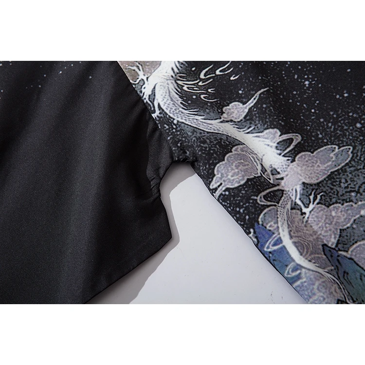 التنين الصيني الأسود ارتفاع الشمس فضفاض موضة Harajuku اليابان كيمونو الخارجي للنساء والرجال ملابس خارجية ملابس الشاطئ