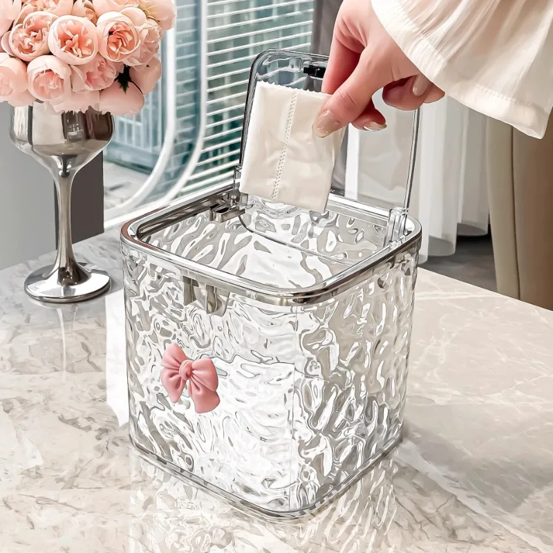 Water Ripple Desktop Trash Can Transparent Thickened Living Room Coffee Restaurant Table Small Trash Can with Lid Paper Basket