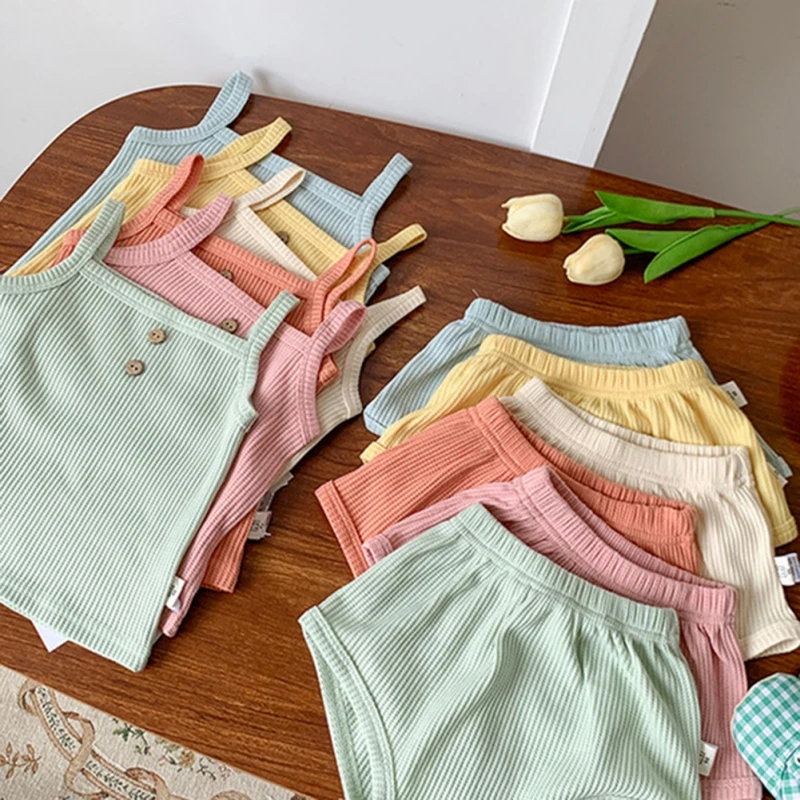 Baby Clothes Sets Summer Toddler Girl Strap Suits Solid Color Baby Boy Tops Tee and Shorts Infant Tracksuit Sets 4-11Y