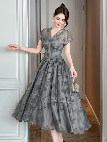 Vestido largo Retro francés para mujer, corsé de manga corta con estampado gris de celebridad, vestido de baile con vuelo grande, Vestidos para fiesta y banquete