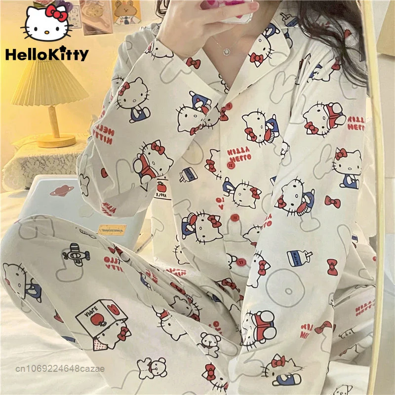 Sanrio Hello Kitty Printed Cute Pajamas Sweet Korean Style Home Wear 2022 New Autumn Long Sleeved Red Cartoon Clothes For Women