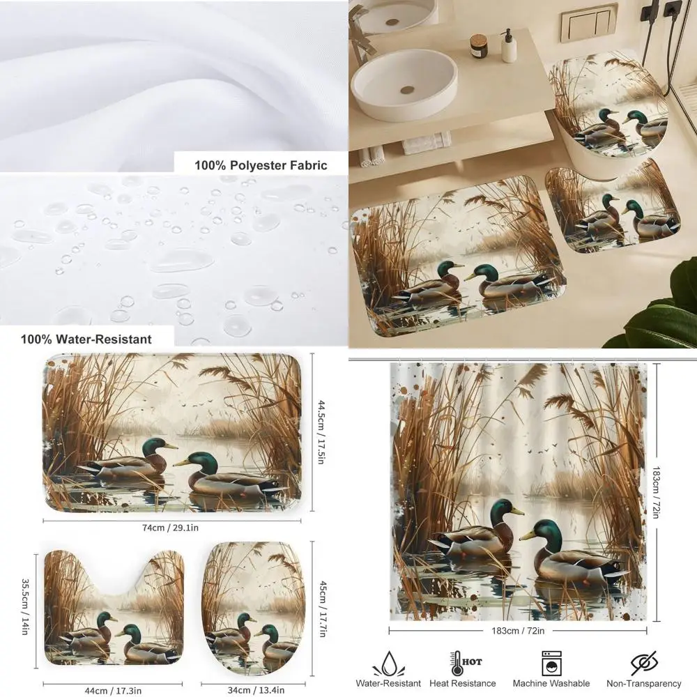 

Vintage Mallard Duck Shower Curtain Set with Toilet Lid Cover, U-Shaped Mat & Non-Slip Rugs, 72x72 Bathroom Decor