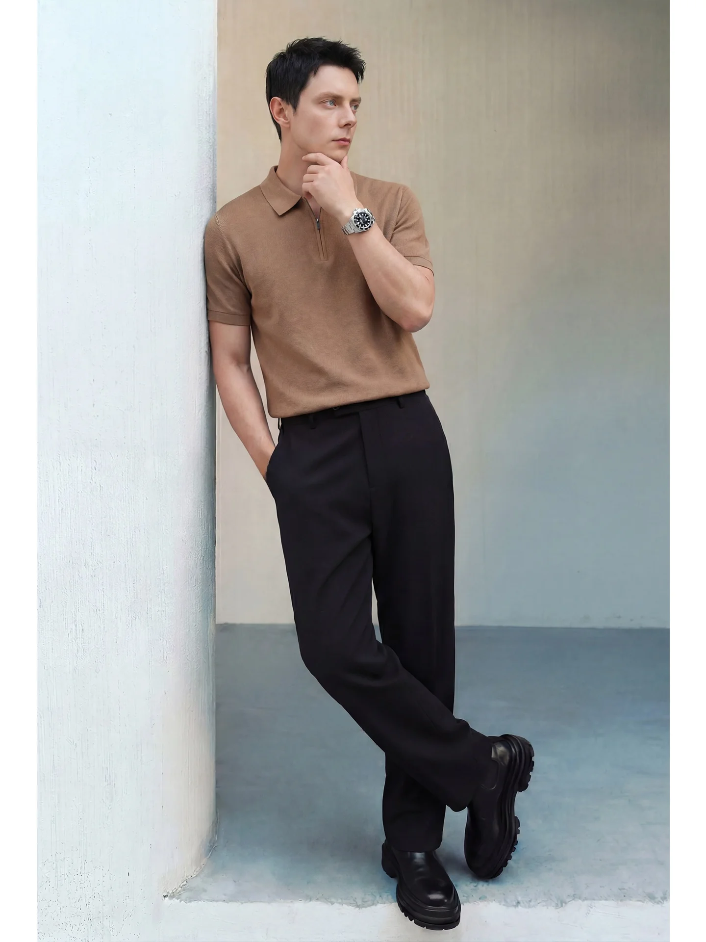 Business Casual Short Sleeve  Shirt Men Summer Offduty Flip Collar Tshirt Seamless Half Zipper Cleanfit Cotton Fashion Urban