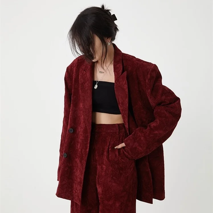 

Casual and High-end Temperament Korean Texture Pad Shoulder Contour Dark Red Suit for Women