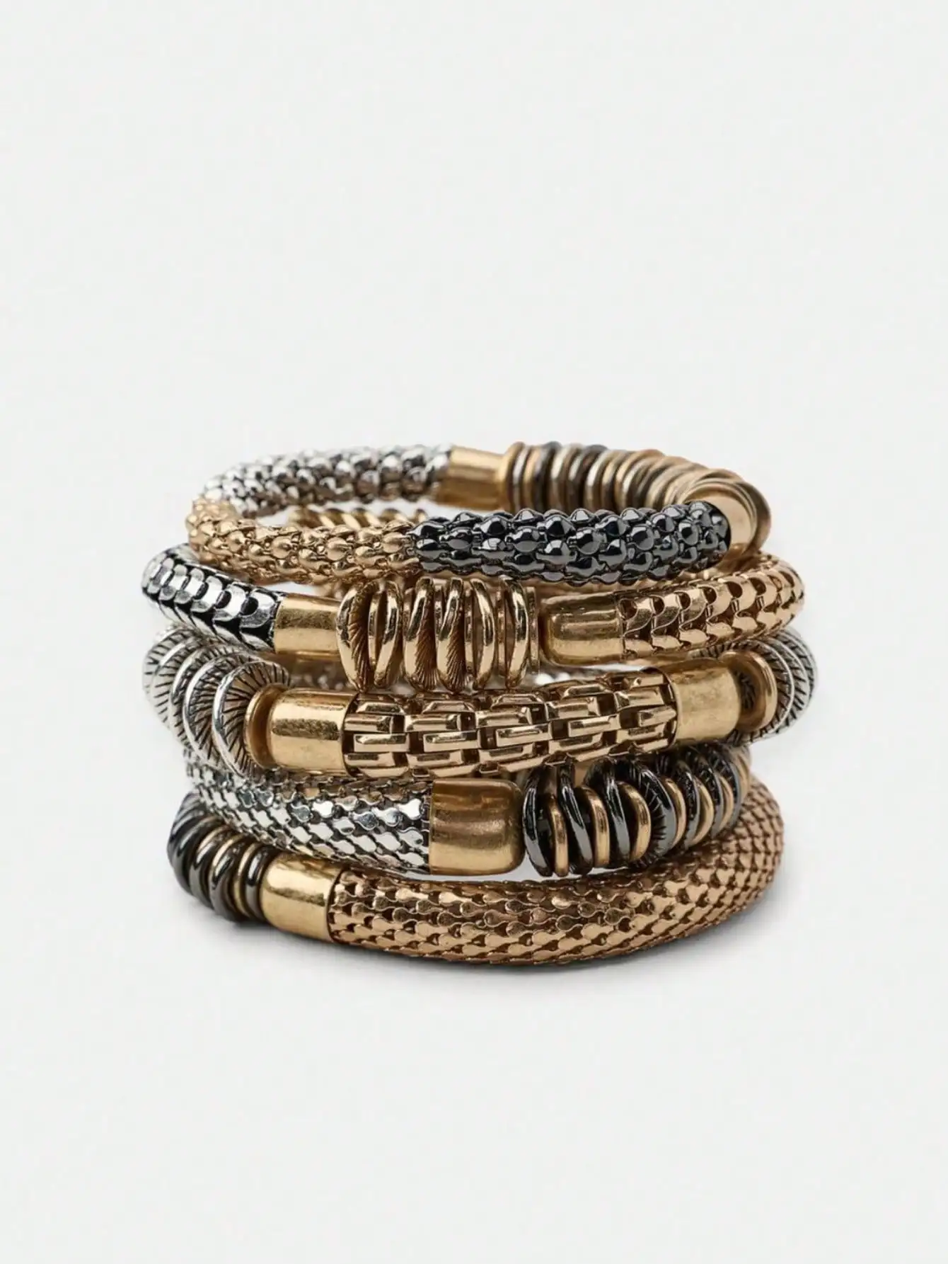 Vintage Punk Color-Block Spliced Bracelet Set Geometric Metal Beaded Bracelet Multi-Layer Elasticelet Versatile Vacation Jewelry