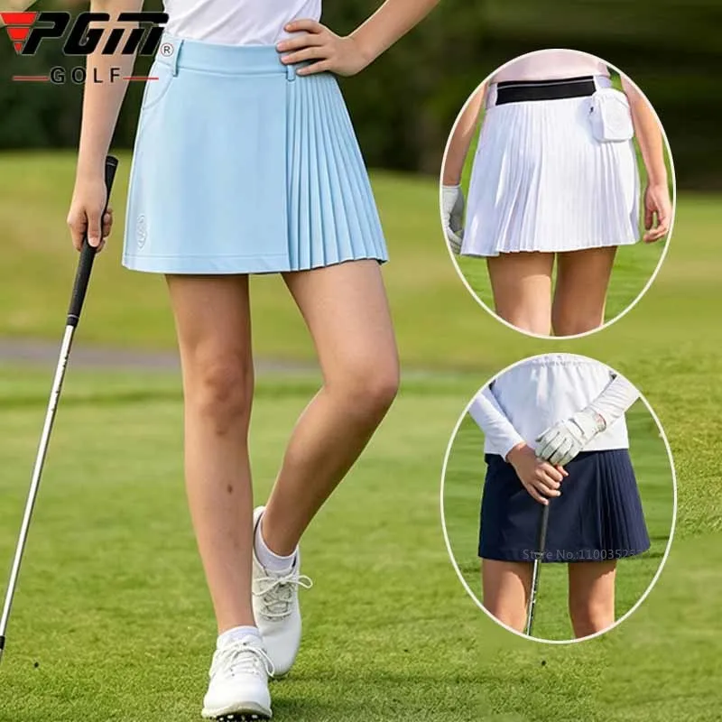 Pgm Girls Golf Pleated Skirts Children Elastic Waist A-Lined Tennis Skirt with Short Kids Breathable Golf Skort with Small Bag