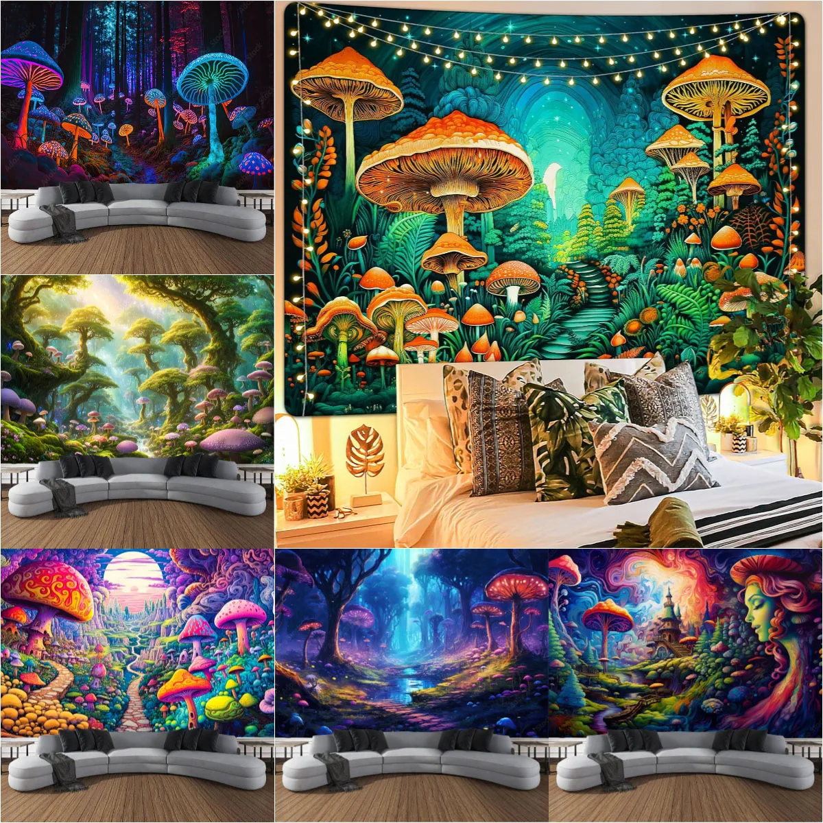 

Magic Mushroom Tapestry Fantasy Fairy Tale Forest Tapestries Moon Star Colorful Plant Wall Hanging for Bedroom Living Room Decor