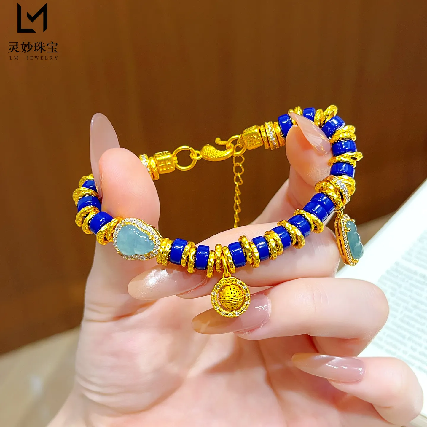 luxury real gold jewelry 24k diamond jade gourd lapis lazuli blue coiled bracelet transfer ball flower bracelet for women