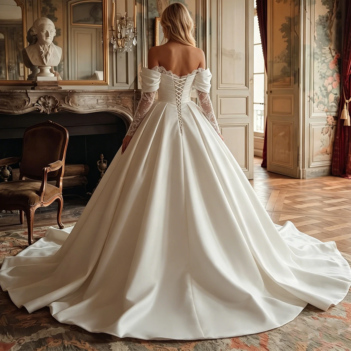 Romantic Satin Long Sleeve Wedding Dress For Bride Lace Off Shoulder Ball Gown For Women Puffy Bridal Party Gown Vestidos Novia