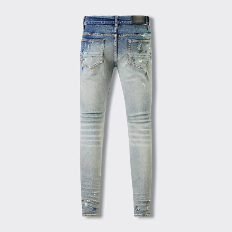 Fashionable new men's jeans stretch slim fit perforated patch washed blue jeans designer high street hip-hop brand pants
