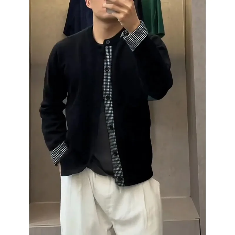 

Новый ретро простой стиль искусственный двухсекционный клетчатый вязаный кардиган для мужчин универсальный свитер куртка