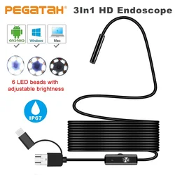 7mm Endoscope Camera 3 in 1 Micro USB Type C Borescope Mini Cam Waterproof LED Car Inspection USB Cameras for Iphone & Android