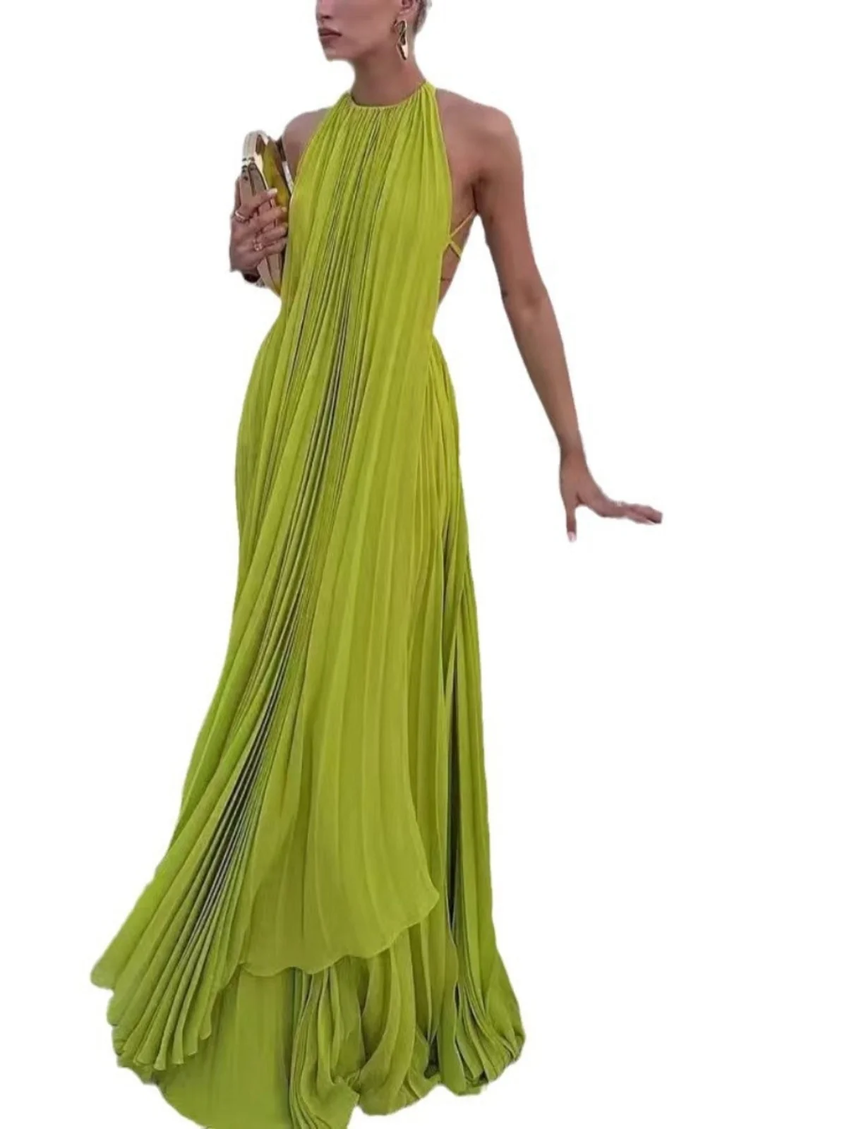 섹시한 백리스 라운드넥 민소매 비치 드레스 여성 휴가 스타일 루즈핏 소프트 폴리에스터 골드 스커트 롱 썸머 드레스