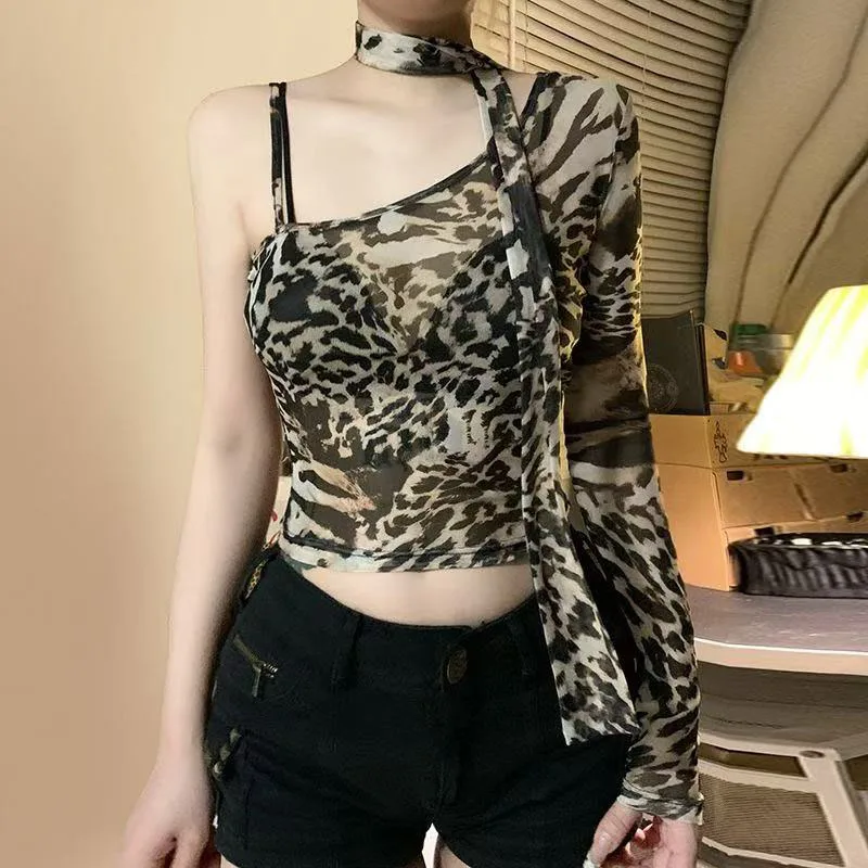 

American Retro Leopard Print Mesh One Shoulder Slant Neck Summer Women's Vest Neck Ribbon Pure Desire Top
