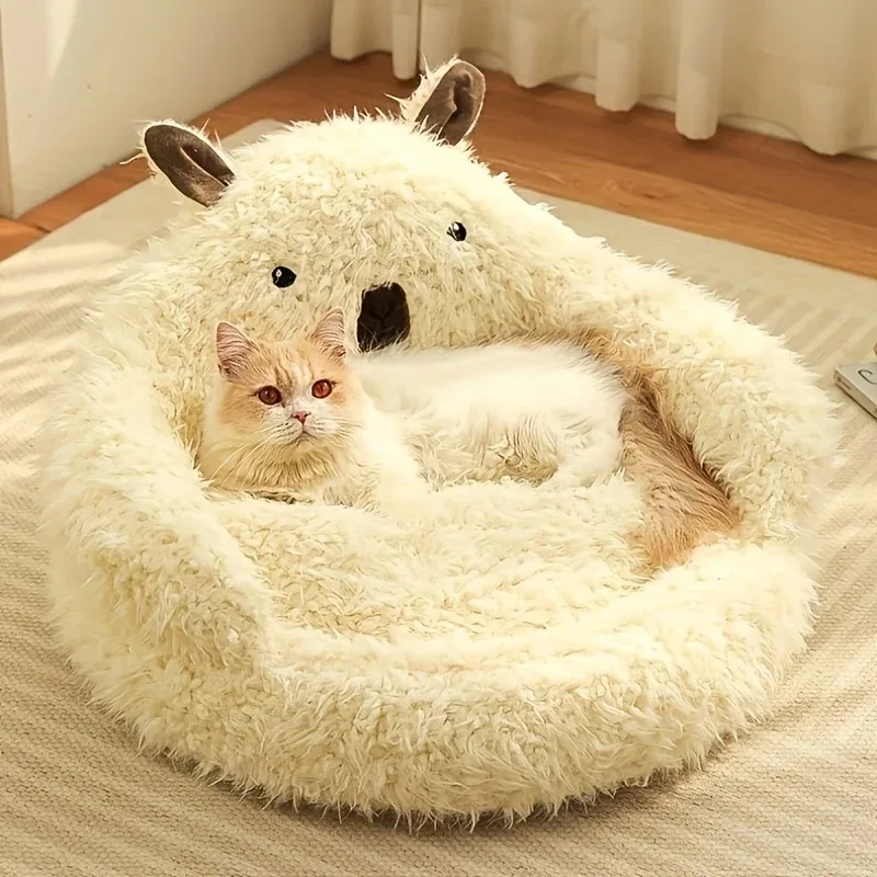 

Cat Plush Bed Pet Warm Plush Cozy Large Space Nest Cat Dog Removable Comfortable Alpaca Styled Bed Soft Plush Pet Bed Supplies